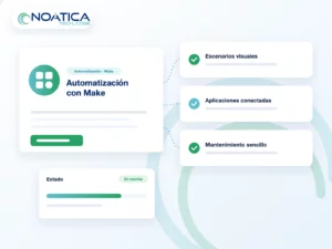 Ilustración: automatización con Make con escenarios visuales, aplicaciones conectadas y mantenimiento sencillo – NOÁTICA Informática para empresas