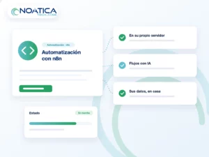 Ilustración: automatización con n8n en su propio servidor, flujos con IA y datos dentro de la empresa – NOÁTICA Informática para empresas