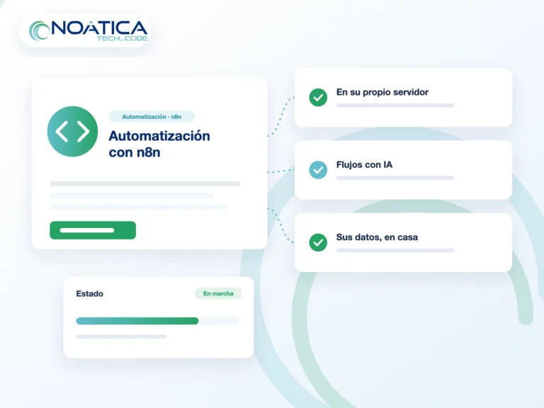Ilustración: automatización con n8n en su propio servidor, flujos con IA y datos dentro de la empresa – NOÁTICA Informática para empresas