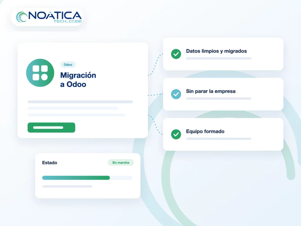 Ilustración: migración a Odoo con datos limpios y migrados, sin parar la empresa y con el equipo formado – NOÁTICA Informática para empresas