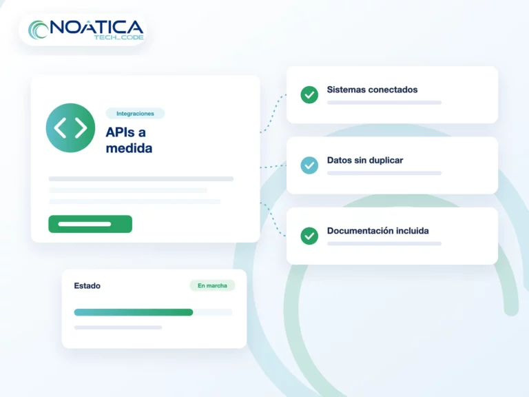 Ilustración: APIs a medida con sistemas conectados, datos sin duplicar y documentación, con el logo de NOÁTICA