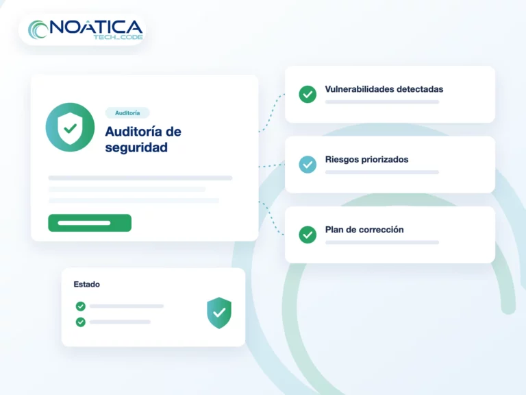 Ilustración: auditoría de seguridad con vulnerabilidades detectadas, riesgos priorizados y plan de corrección, con el logo de NOÁTICA
