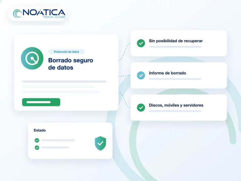 Ilustración: borrado seguro de datos sin posibilidad de recuperación, con informe de borrado, con el logo de NOÁTICA