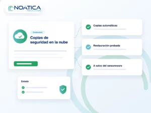 Ilustración: copias de seguridad en la nube automáticas, restauración probada y protección frente a ransomware – NOÁTICA Informática para empresas
