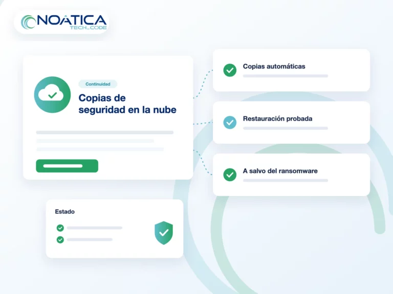 Ilustración: copias de seguridad en la nube automáticas, restauración probada y protección frente a ransomware, con el logo de NOÁTICA