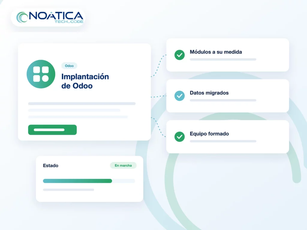 Ilustración: implantación de Odoo con módulos a medida, datos migrados y equipo formado – NOÁTICA Informática para empresas