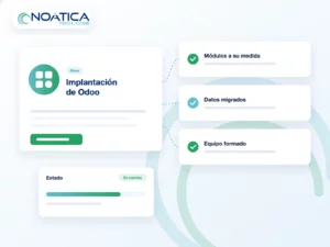 Ilustración: implantación de Odoo con módulos a medida, datos migrados y equipo formado – NOÁTICA Informática para empresas