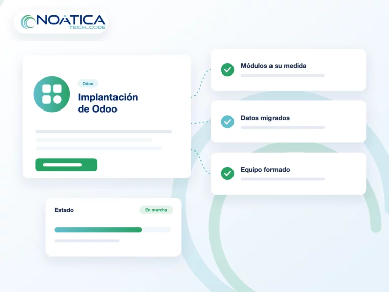 Ilustración: implantación de Odoo con módulos a medida, datos migrados y equipo formado, con el logo de NOÁTICA