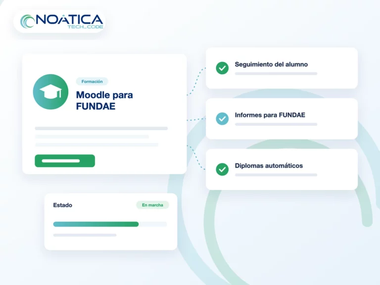 Ilustración: Moodle para FUNDAE con seguimiento del alumno, informes y diplomas automáticos, con el logo de NOÁTICA