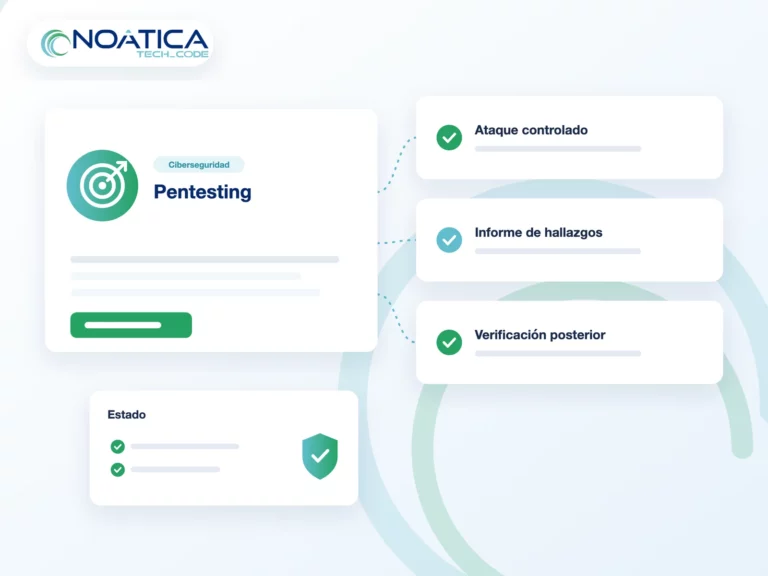 Ilustración: pentesting con ataque controlado, informe de hallazgos y verificación posterior, con el logo de NOÁTICA