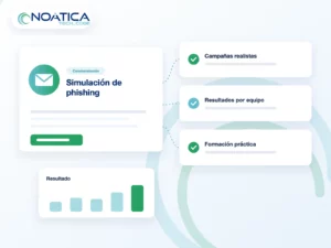 Ilustración: simulación de phishing con campañas realistas, resultados por equipo y formación práctica, con el logo de NOÁTICA