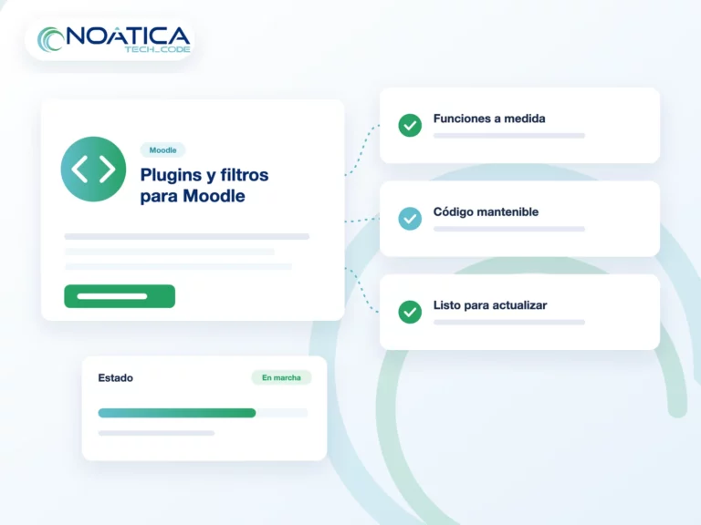 Ilustración: plugins y filtros para Moodle con funciones a medida y código mantenible, con el logo de NOÁTICA