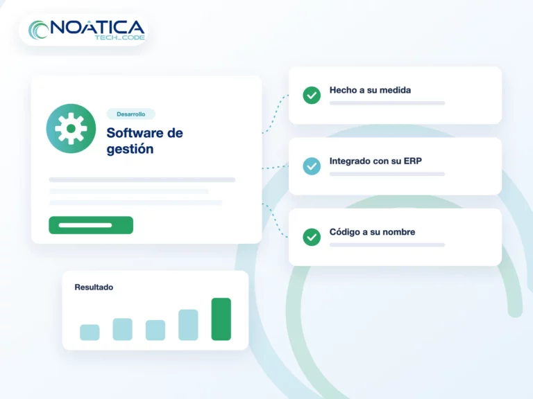 Ilustración: software de gestión a medida integrado con el ERP y código a nombre del cliente, con el logo de NOÁTICA