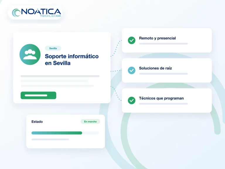 Ilustración: soporte informático en Sevilla remoto y presencial, con técnicos que programan, con el logo de NOÁTICA
