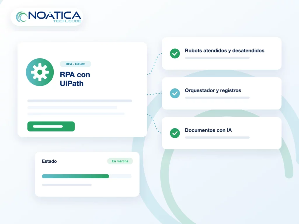 Ilustración: RPA con UiPath con robots atendidos y desatendidos, orquestador y lectura de documentos con IA – NOÁTICA Informática para empresas