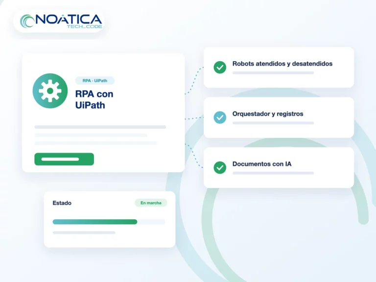Ilustración: RPA con UiPath con robots atendidos y desatendidos, orquestador y lectura de documentos con IA – NOÁTICA Informática para empresas