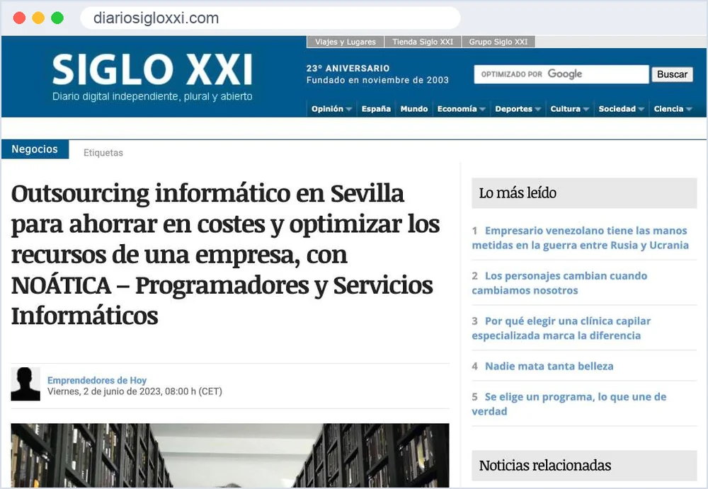 Captura del artículo de Diario Siglo XXI sobre el outsourcing informático de NOÁTICA en Sevilla