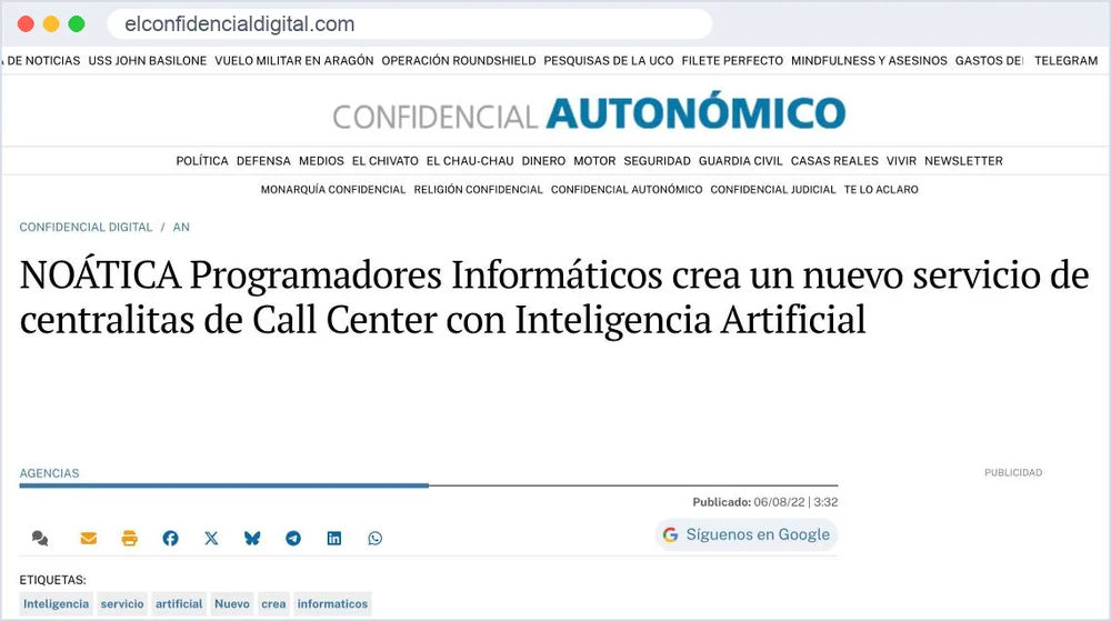 Captura de la noticia de El Confidencial Digital sobre las centralitas de call center de NOÁTICA