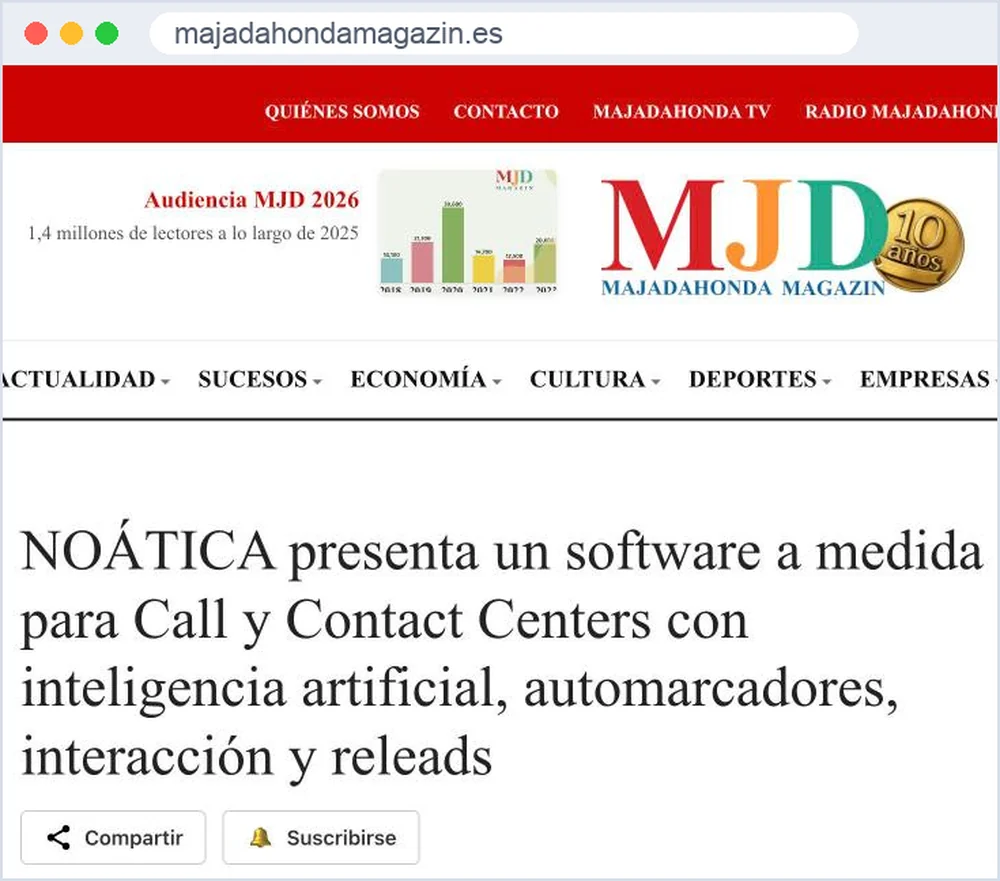 Captura del artículo de Majadahonda Magazin sobre el software para call center de NOÁTICA