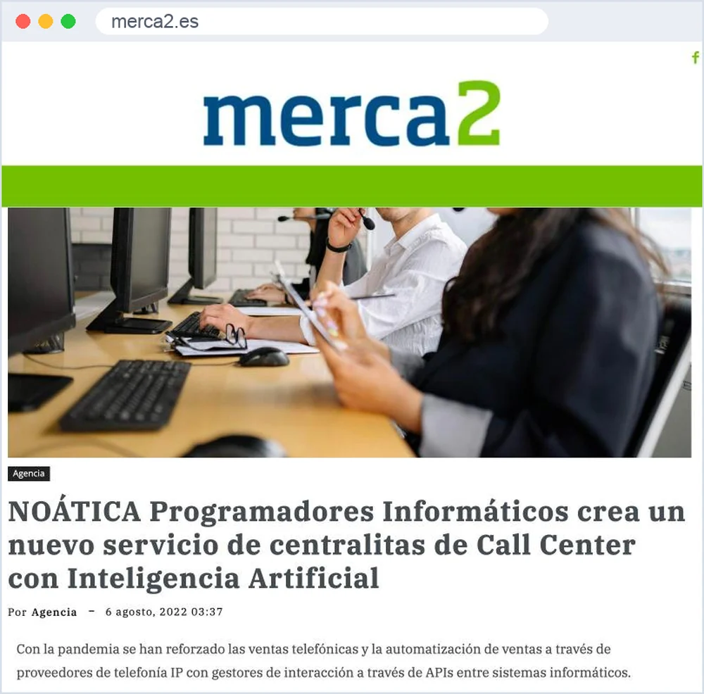 Captura de la noticia de Merca2 sobre las centralitas de call center con inteligencia artificial de NOÁTICA