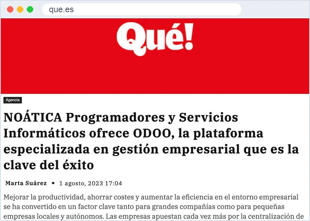 Captura del artículo de Qué.es sobre Odoo con NOÁTICA