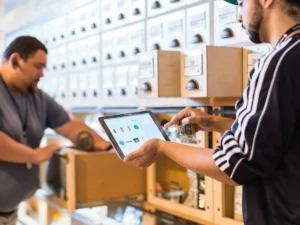 Equipo usando Odoo en una tableta en el almacén